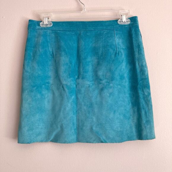 Cynthia Steffe Suede Leather Straight Skirt Size 7 Straight Pencil Teal Y2K - Picture 5 of 6